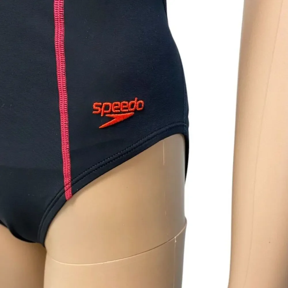 SPEEDO Women's Black/Red PowerPlus Drill Back One-Piece Bathing Swimsuit 10/36